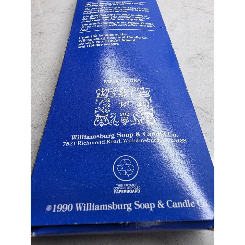 Vintage 1990 Williamsburg Soap & Candle Co Advent Candles Set Blue Box 4 Taper